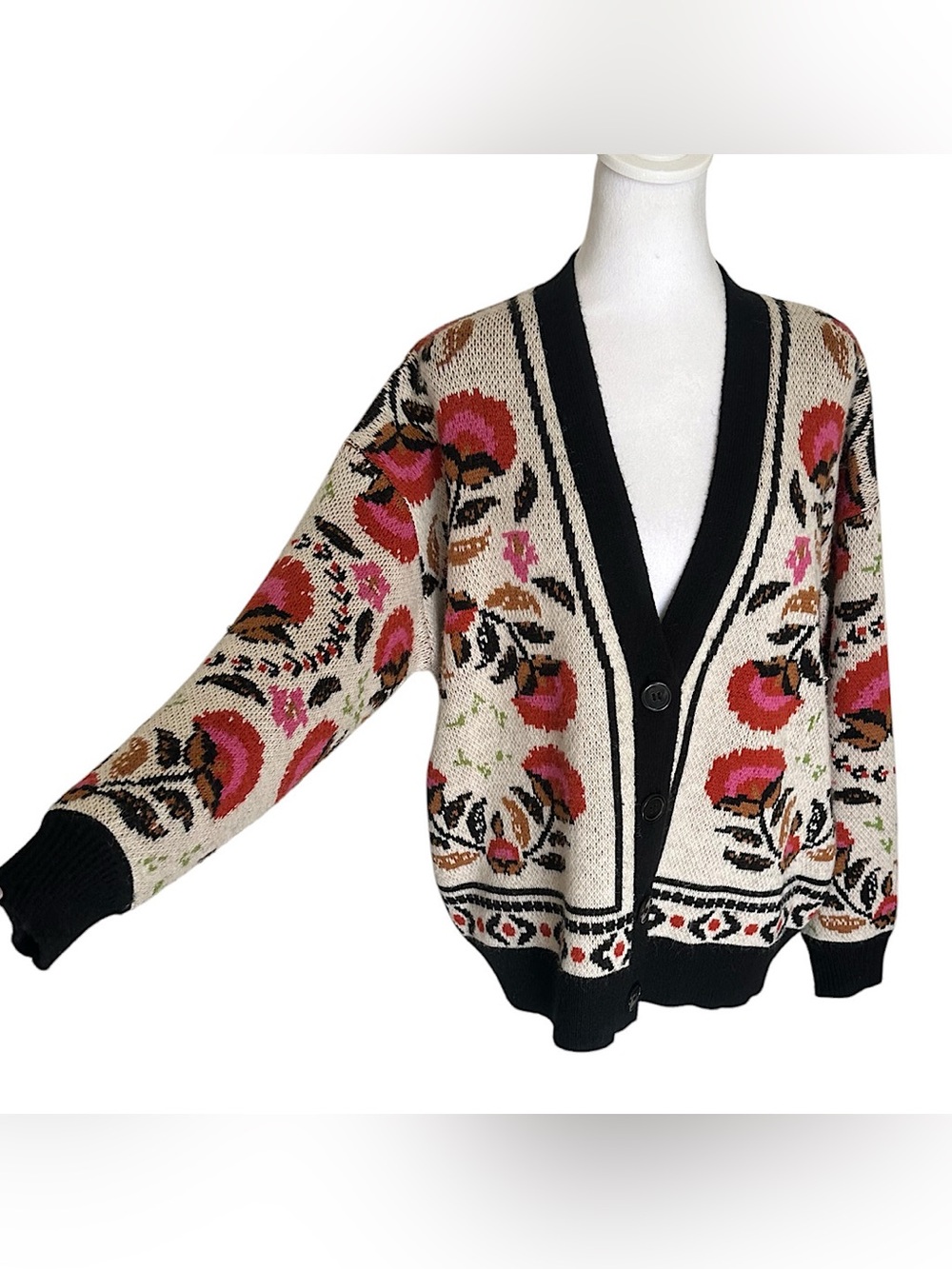 Farm Rio Palms Paradise Sand Knit Cardigan Sweater Women’s Size XS Oversized - Picture 5 of 16